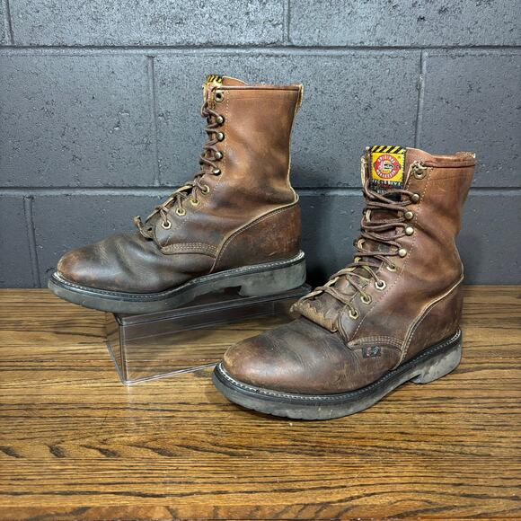 Justin Original Workboots Mens 9 EE Brown Leather USA Made Kiltie Logger Boots - Picture 2 of 8